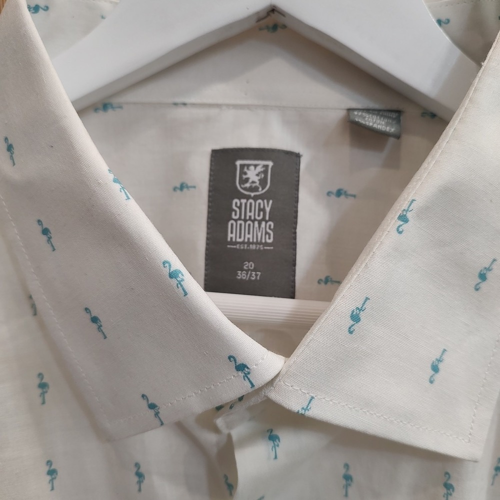 Stacy Adams Shirt 2X Sz 20 36/37 White Blue Flamingo All Over Print Button Up
